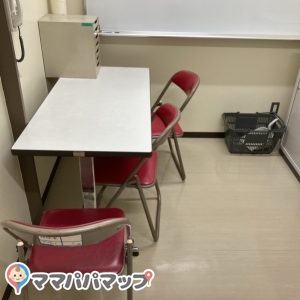 窓口で授乳室を借りたい旨をお伝えすると、相談室をお借りできました。鍵は掛からないですが、入口に「授乳中」の札を下げてもらえます。パイプ椅子と机しかないですが、ベビーカーも入れる広さはあります。