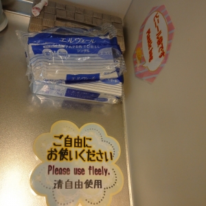 ビニール袋、ペーパータオルあります。オムツ用ゴミ箱もあります。