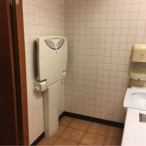 女性用トイレの中。おむつ用ゴミ箱、ベビーチェアはありません。