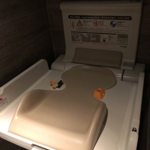 女子トイレ3部屋のうち1つにのみおむつ交換台があります