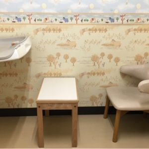 ベビーカーを入れても広々。テーブルがあり荷物が置ける。オムツ台、椅子、ゴミ箱、手洗い場があります。