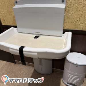 女性用トイレ内にて。おむつ交換台自体は小さめですが広々としたお手洗いのため替えやすいです。男性用トイレにもおむつ交換台マークがあったのであるのかもしれません！